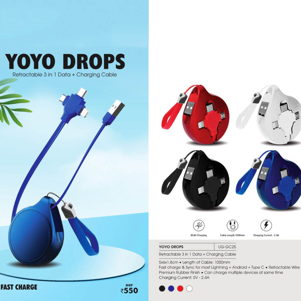 YOYO DROPS PRO - 3-in-1 Charging Retractable Data Cable